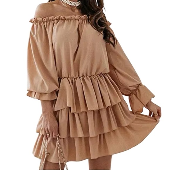 Khaki Tan Tiered Ruffle Off Shoulder Balloon Sleeves Dress - Picture 4 of 5
